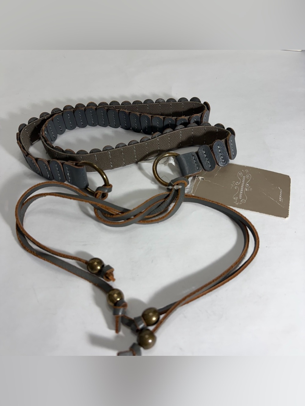 NWT Anthropologie Dark Grey Leather Oval Segment Stretch Tie Belt Brass Beads M